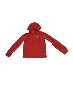 Nike Youth Large Red Pullover Hoodie Swoosh Sweatshirt Small Pin Hole Sleeve